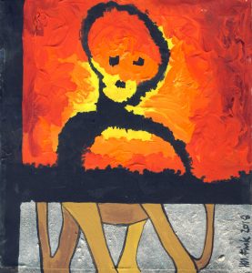 Zweigeteiltes Bild aus einer Figur oben und Elefantenbeinen unten.