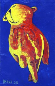 Teddylies - Teddykopf mit einer Hand zu einem Kopffüssler verbunden. wärend der Teddy genüsslich die Augen verschlossen hat kreutzen sich der Zeigefinger und der Mittelfinger.