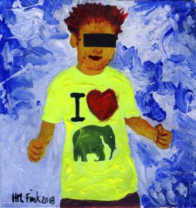 Elefantboy, ein kleines Bild aus der Cheapartcollektion auf dem man einen Jungen sieht der sein neongelbes T Shirt zeigt und dabei die Fäuste ballt. Auf dem T Shirt sieht man I Love Zoo Köln, wobei das Wort Zoo Köln das Logo des kölner Zoos ist. Damit der Junge nicht wieder zu erkennen ist trägt er einen schwarzen Balken über den Augen. Das Motiv steht vor einem weiss-blauen Matschhintergrund.